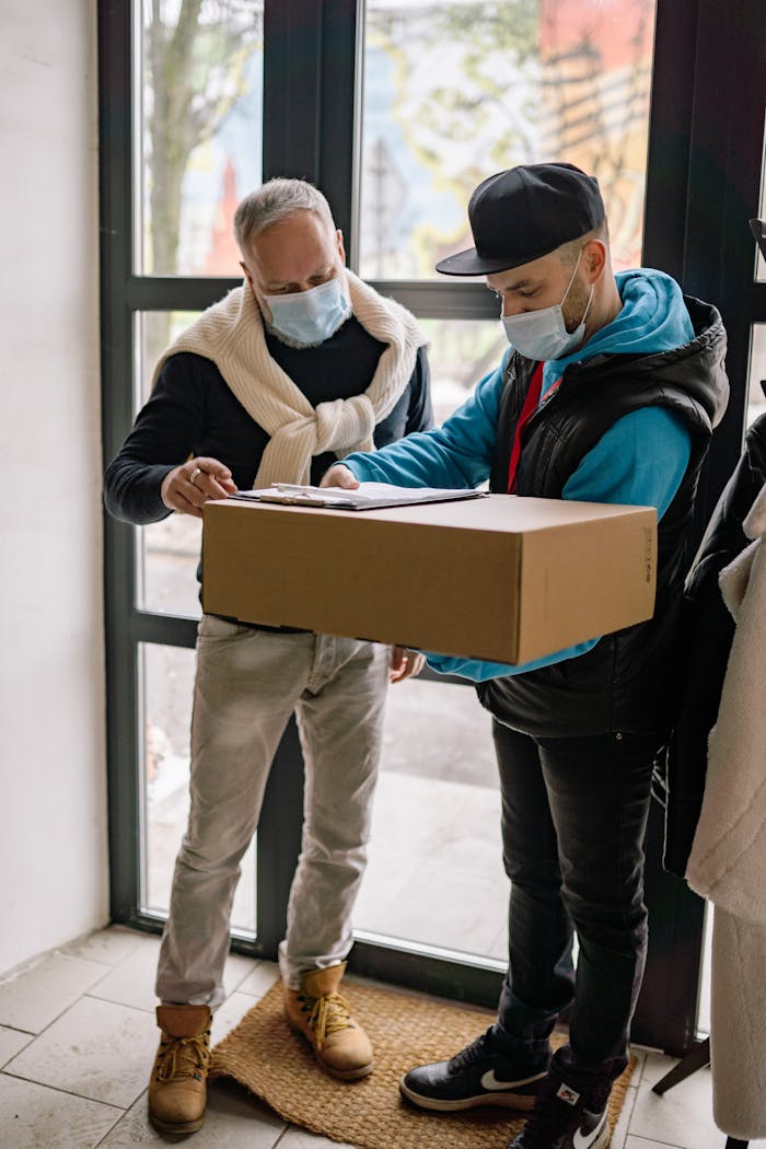 services-02 Two men wearing masks exchange a package indoors, illustrating pandemic safety.